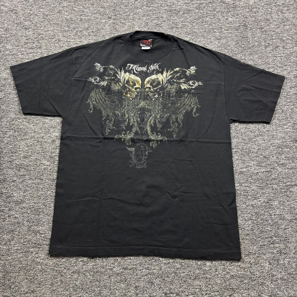 Grunge Y2K Miami Ink Gothic Skulls Graphic Black T-Shirt Size XL